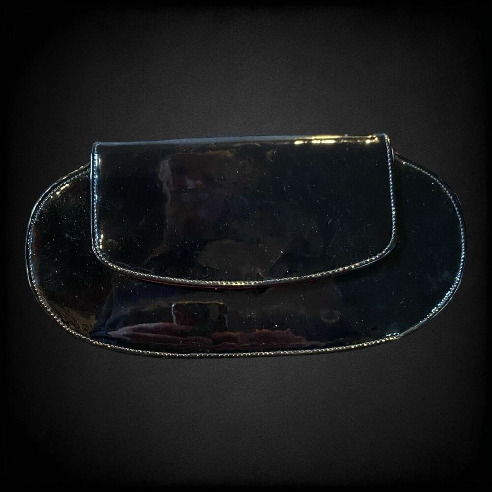 Vintage Black Patent Leather Clutch Sleek Minimalist Simple Solid Black Madison